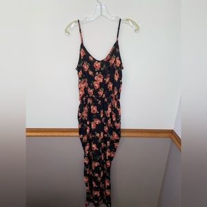 Black with pink roses long pants romper, size M, Forever 21